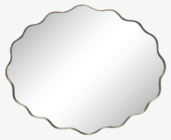 Bild på rund spegel med vågig mässingsram mot vit bakgrund