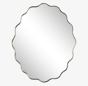 Bild på rund väggspegel med vågig mässingsram och antik känsla