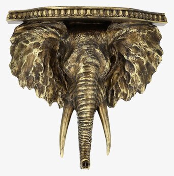 Bild: Väggmonterad hylla med elefanthuvud i guld och dekor