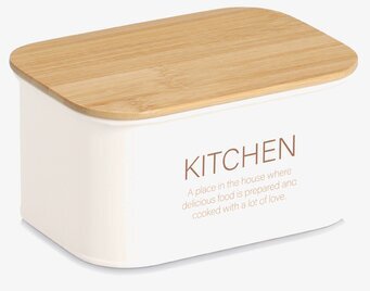 Bild på stilren plåtburk med trälock för köksförvaring