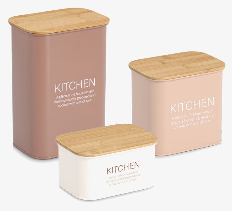 Bild på tre stilrena plåtburkar med trälock för köksförvaring