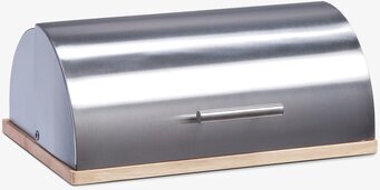 Bild på elegant brödbox i rostfritt stål med trädetaljer