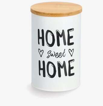 Bild på vit plåtburk med trälock och texten Home Sweet Home