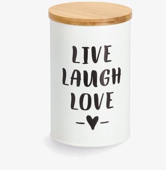 Bild på vit cylindrisk burk med text och trälock – inredning