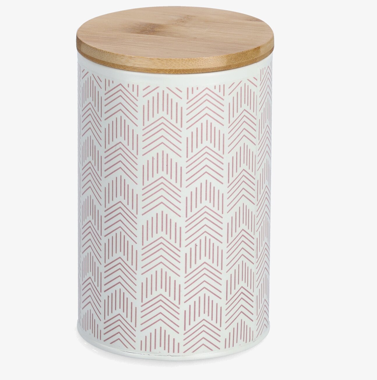 Bild av cylinderformad förvaringsburk med rosa chevronmönster