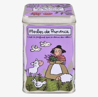 Bild av en livfull plåtburk med örter och djurmotiv