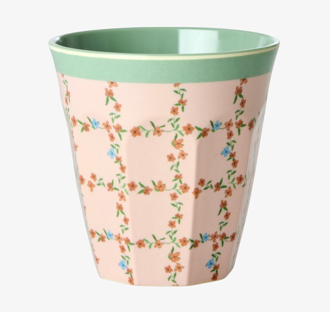 Bild på melaminmugg med blommigt rutmönster och pastellfärger
