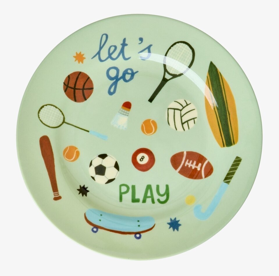 Bild av färgglad tallrik med sportmotiv och lekfull design