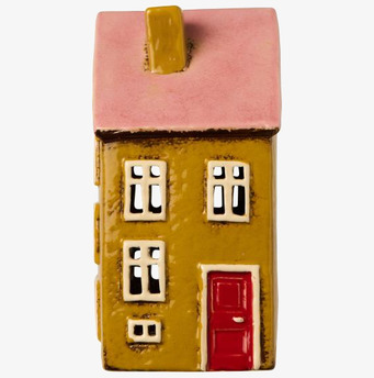 Bild av dekorativt keramikljushus med rosa tak och röd dörr