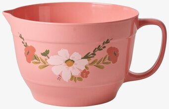 Bild på stor rosa köksskål med blommönster och handtag