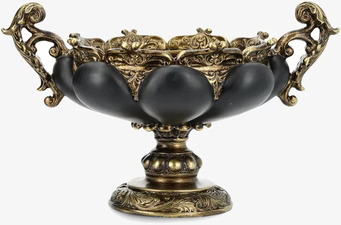 Bild av dekorativ skål på fot i guld och svart med handtag