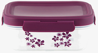 Bild på stilren lunchlåda med lila blommor och tätt lock