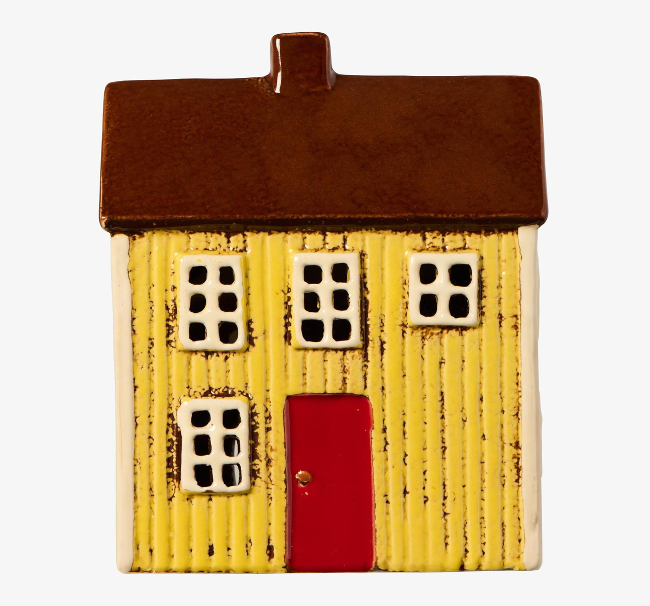 Bild av dekorativ gul ljuslykta i keramik formad som hus