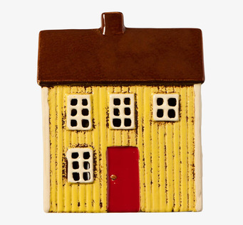 Bild av dekorativ gul ljuslykta i keramik formad som hus