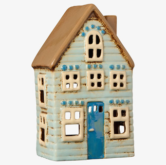 Bild av dekorativ ljuslykta i form av blått keramikhus