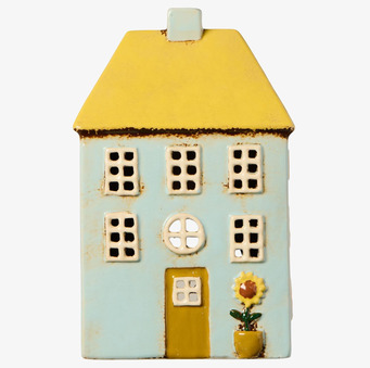 Bild av dekorativ ljuslykta som litet keramikhus med blomma