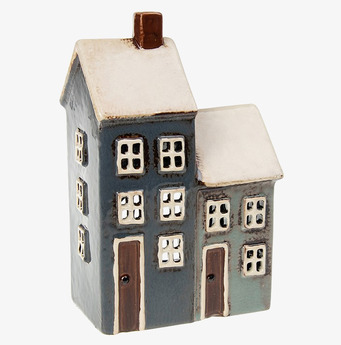 Bild av ljuslykta format som hus i blått och grått keramik