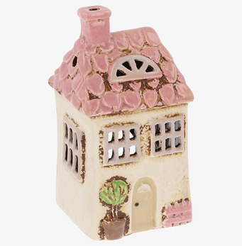 Bild av charmig keramiklykta formad som litet trädgårdshus