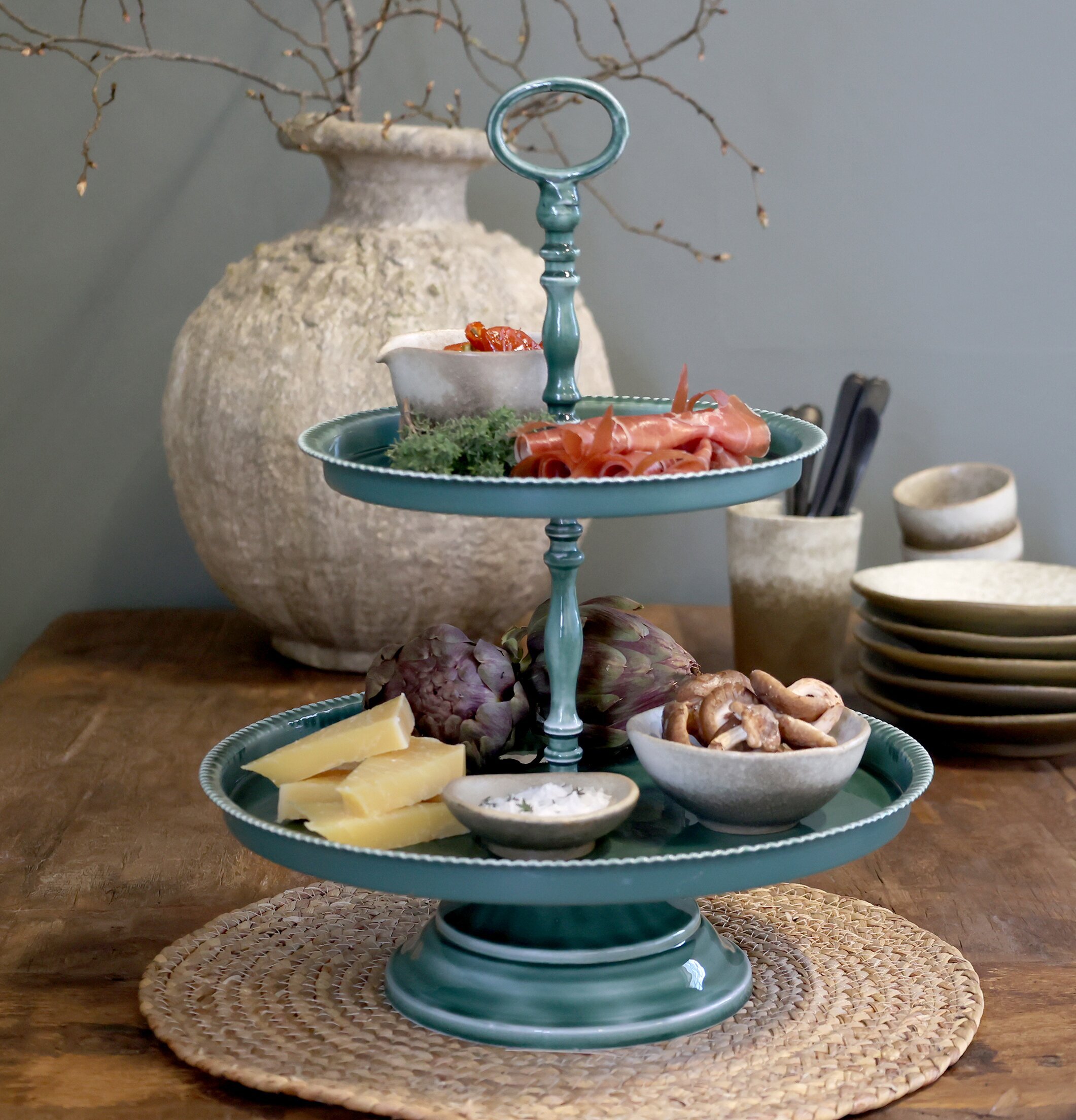 Våningsfat Grön Chic Antique Serveringsbrickor Brickset Serveringsfat