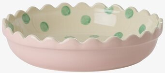 Bild på keramikpajform i pastellrosa med gröna prickar