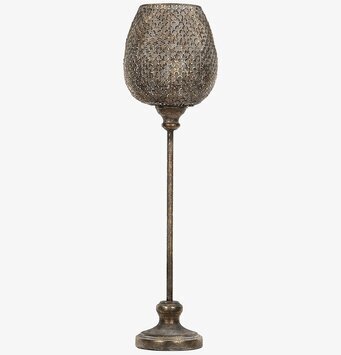 Bild av hög ljuslykta i antik brun med bladmönster och fot