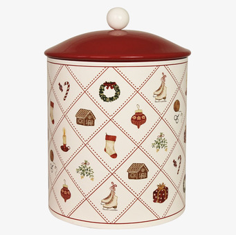 Bild av julig plåtburk med klassiskt mönster och rött lock
