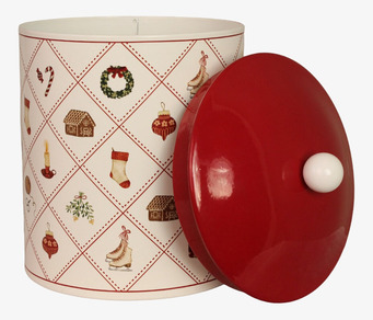 Bild av stor plåtburk med julmotiv och rött glansigt lock