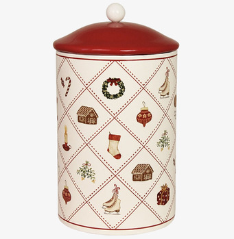 Bild på liten julig plåtburk med klassiskt och retro motiv