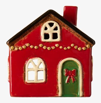 Bild av röd keramiklykta i form av hus med dekorativ rosett