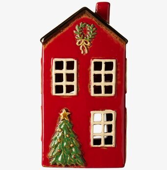 Bild av röd ljuslykta i keramik med julkrans och granmotiv