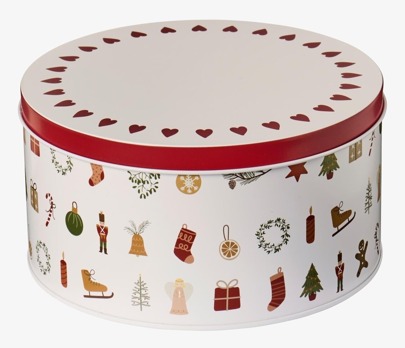 Bild på rund plåtburk med julmotiv – dekorativ och praktisk