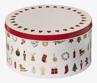 Bild på rund plåtburk med julmotiv – dekorativ och praktisk