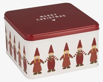 Bild av fyrkantig plåtburk med tomtenissar och rött lock