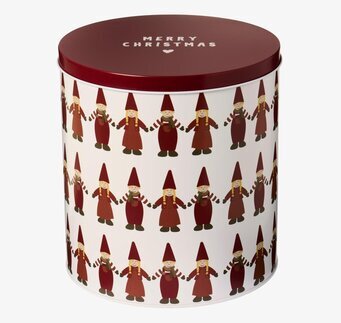 Bild på rund julburk med tomtenissar och vinrött lock