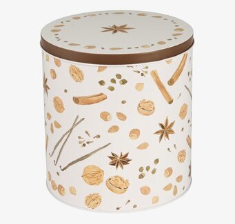 Bild av rund plåtburk med vinterkryddor och nötmotiv