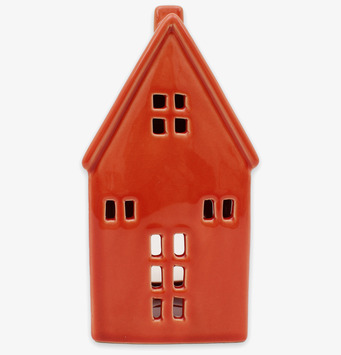 Bild av dekorativ keramiklykta i form av hus med rostton