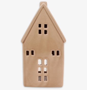 Bild av beige keramiklykta i husform med krackelerad yta