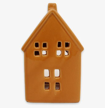 Bild av dekorativ ockragul ljuslykta i keramik med fönster