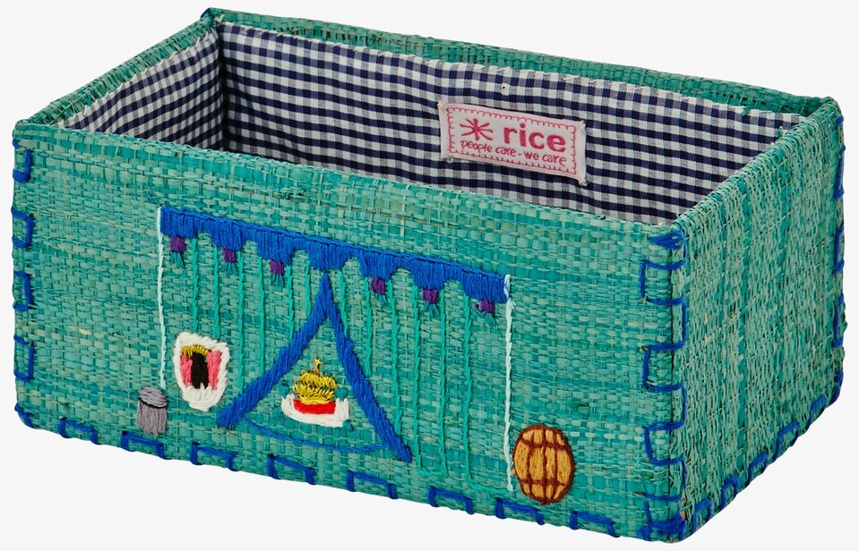 Leksakskorg Raffia S från Rice med turkos färg och brodyr