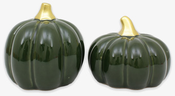 Bild på två gröna keramikpumpor med guldfärgade stjälkar