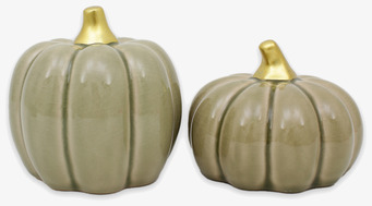 Bild på keramikpumpor i salviagrönt med guldiga stjälkar