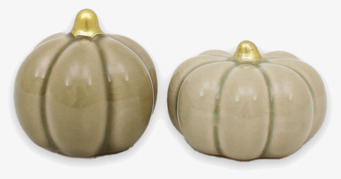 Bild på två dekorativa salviagröna pumpor med gulddetaljer