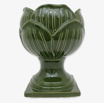 Bild av dekorativ grön pokalkruka med bladformade detaljer