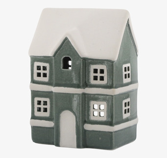 Bild av keramisk ljuslykta hus i grönt och vitt med fönster