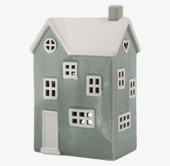 Bild av dekorativ ljuslykta i form av hus i grön keramik