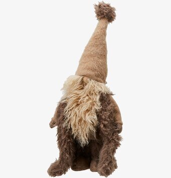 Bild på liten brun tomte med mjukt skägg och stickad luva