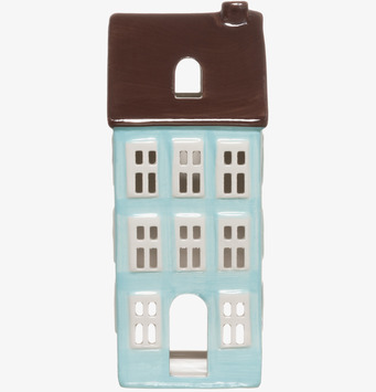 Bild av ljusblå dekorativ ljuslykta i form av keramikradhus