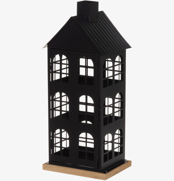 Bild av dekorativ ljuslykta hus i svart metall och träbas