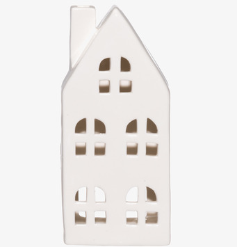 Bild på vit dekorativ ljuslykta i form av klassiskt hus