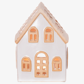 Bild på dekorativ vit ljuslykta i keramik med husdesign